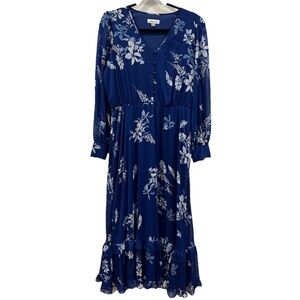Calvin Klein Floral Print Long Sleeve Chiffon Maxi Dress Blue Size 10 V Neck